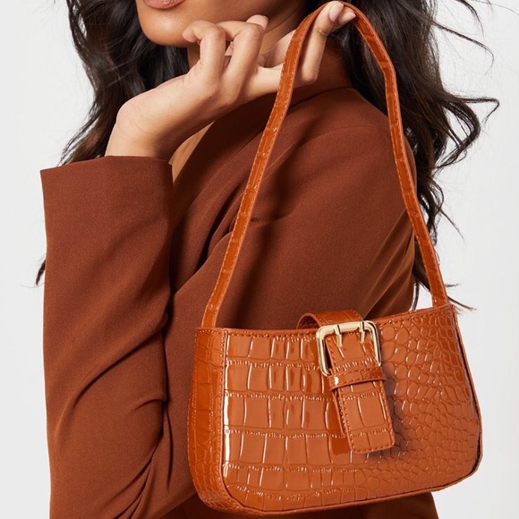 PrettyLittleThing Handbags - Brown Croc Buckle Front Handbag